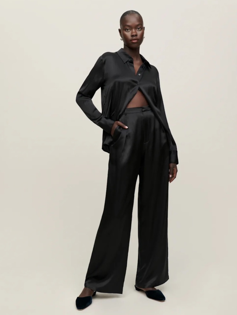 Reformation 100% Silk Black Wide-Leg Pleated Trousers